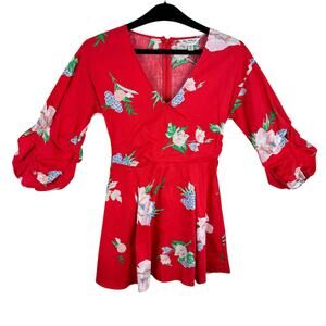 Miss Selfridge Red Floral‎ 3/4 Ruffled Sleeve Fit & Flare Mini Dress Size 2